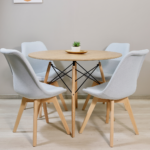 Comedor Redondo Mesa Eames Wood 100cm + 4 Sillas Nórdicas Lino Celeste