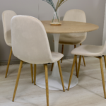 Comedor Redondo Mesa Tulip Wood Base Blanco 100cm + 4 Sillas Eames Velvet Crudo