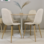 Comedor Redondo Mesa Tulip Wood Base Blanco 100cm + 4 Sillas Eames Velvet Crudo