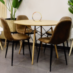 Set Comedor Eames Redondo 100cm Wood + 4 Sillas Eames Ecocuero Café
