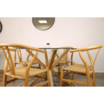 Set de Comedor Mesa Oferta Redonda 120cm Cubierta Vidrio + 4 Sillas Wishbone Natural