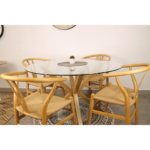 Set de Comedor Mesa Oferta Redonda 120cm Cubierta Vidrio + 4 Sillas Wishbone Natural